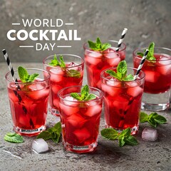 Cheers to World Cocktail Day! Festive Red Drinks on Stone with Leafy Decor
