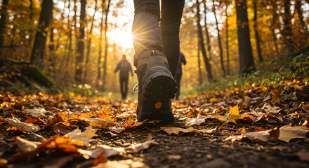 Hiker walking on a forest trail covered with fallen autumn leaves during golden hour sunset. Hiking boot steps on dusty path showcasing outdoor adventure and nature enjoyment in fall season.