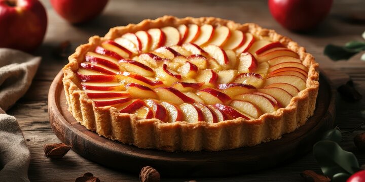 Freshly baked apple tart on a wooden table with red apples and nuts in a cozy kitchen setting