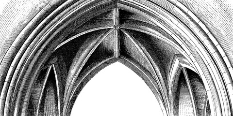 Gothic architecture elements with ribbed vault and flying buttress design for educational use
