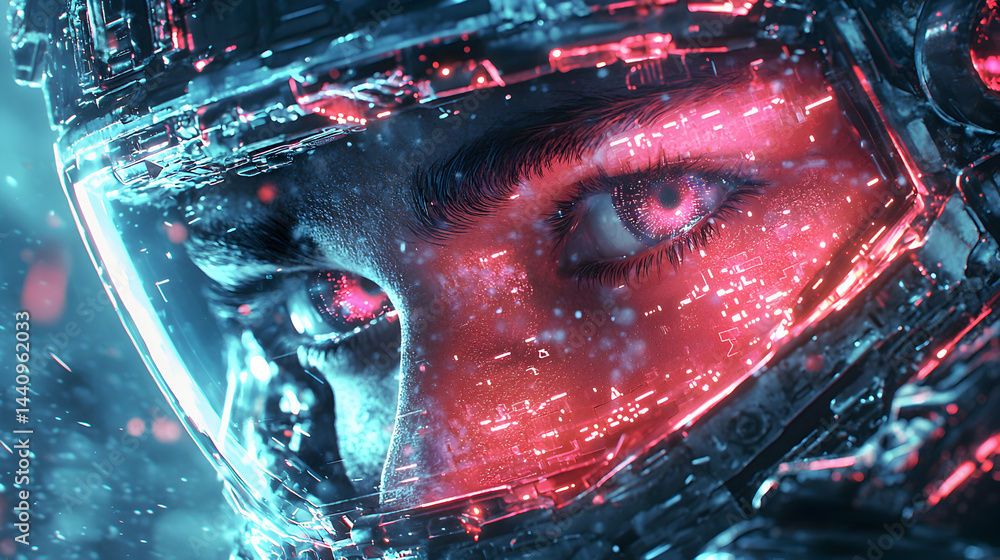 Poster cyberpunk image with a futuristic helmet. the person's eyes glow with vibrant red and blue hues. use
