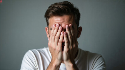 Sad young man covering face with hands expressing grief against gray background, copy space