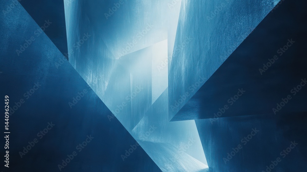 Poster minimalist blue tech background with angular shapes and soft light accents, creating a sleek, futuri