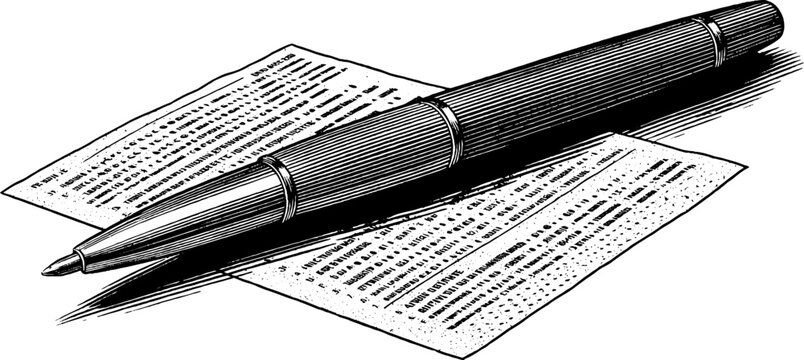 Engraved illustration of exam paper and pen. Vintage academic design with stationery, writing tools, and detailed sketch