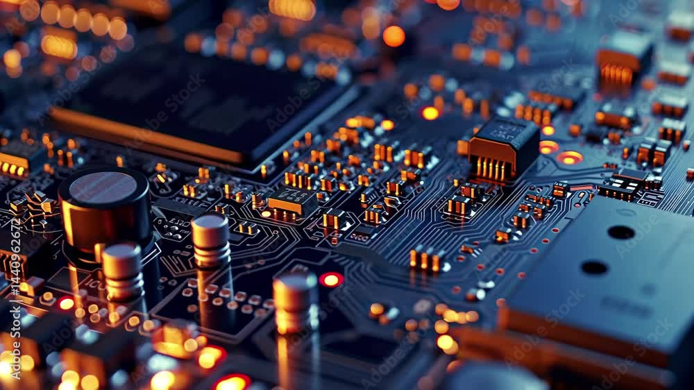 Poster close-up view of a circuit board with glowing components showcasing intricate details and advanced t