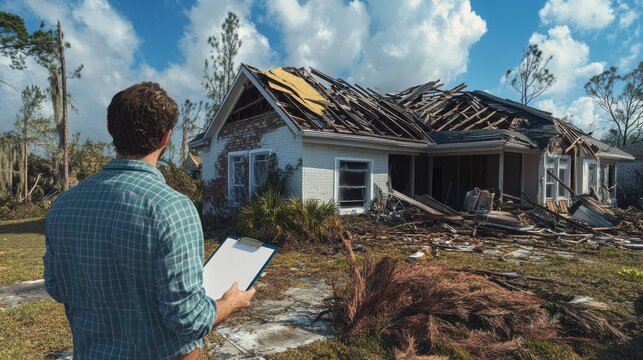 An insurance adjuster standing in front of a hurricane-damaged house, clipboard in hand, assessing the destruction of a roofless suburban home.