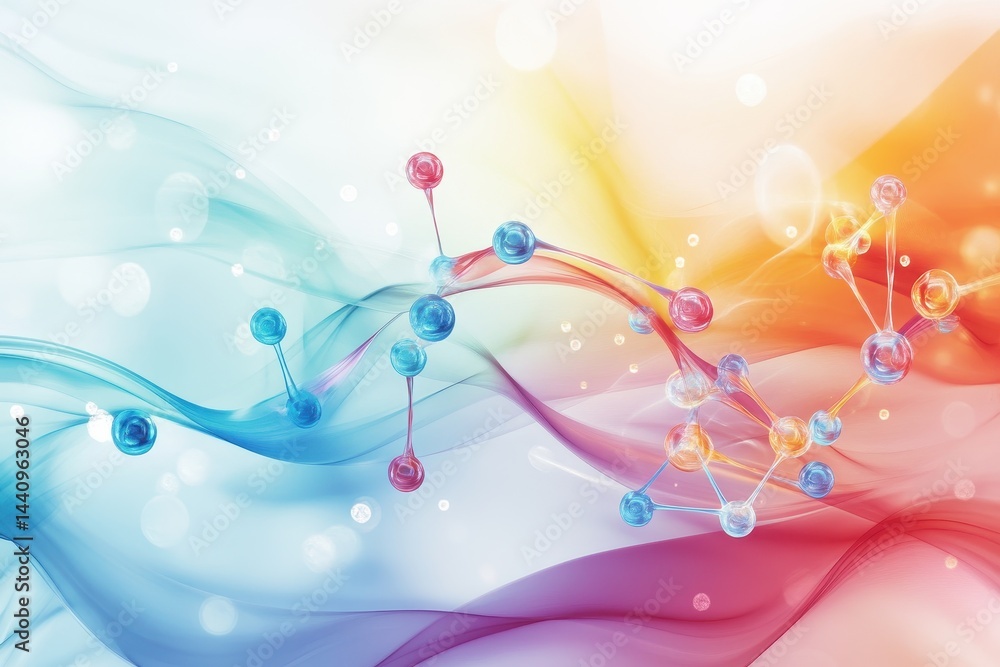 Leinwandbilder colorful molecules interact over a dynamic waving background with flowing patterns, molecules moving