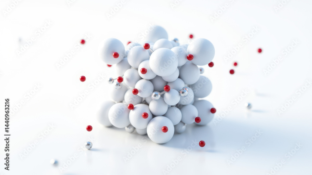 Poster atoms floating in a molecular structure with red spheres, against a light background.