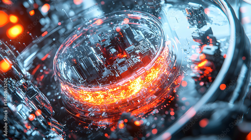 Poster futuristic technology concept. intricate glowing circuit core in a metallic environment. suitable fo