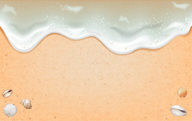 A sandy background with an incoming wave and seashells. Photo- realistic vector illustration.