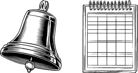 Vintage school bell and timetable engraving for educational design projects