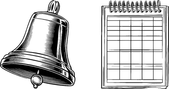Vintage school bell and timetable engraving for educational design projects