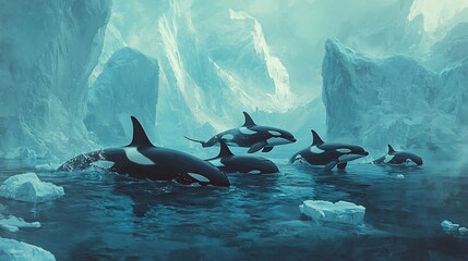 Obraz premium Orcas swimming amidst Arctic icebergs