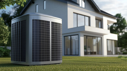 Air conditioning unit mounted on a clean, modern home facade, with visible refrigerant lines and condenser fins, highlighting residential climate control during a warm summer day