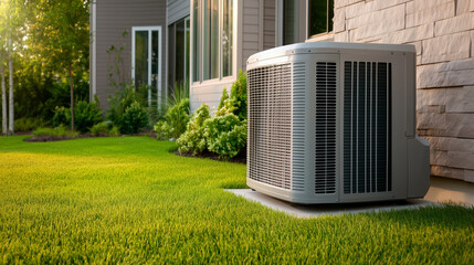 Technician performing maintenance on external HVAC system, adjusting the fan and checking the compressor on the side of a modern home, with soft afternoon light creating a warm atm