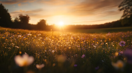 Obraz premium A breathtaking field of wildflowers stretching towards the horizon under clear skies.