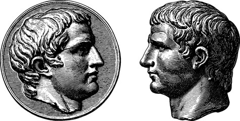 Classical roman artifacts: engraved coin and bust illustration for historical design
