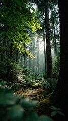 Obraz premium Sunlight filtering through a dense forest trail, showcasing lush greenery and towering trees. Potential use Nature photography, environmental advocacy, or inspiration