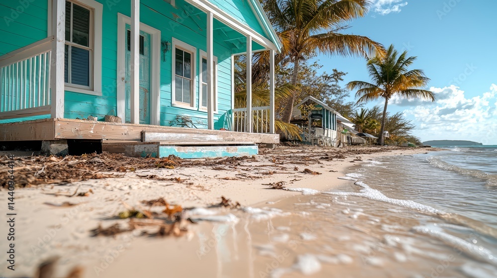 Aufkleber beach with a blue house and palm trees in the background. the beach is littered with leaves and debr