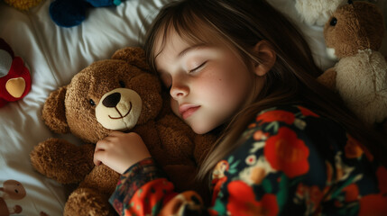 Candid image of a child wrapped in warm pajamas, snuggled under a soft blanket, holding her teddy bear tightly as she sleeps, surrounded by stuffed animals, in the peacefulness of