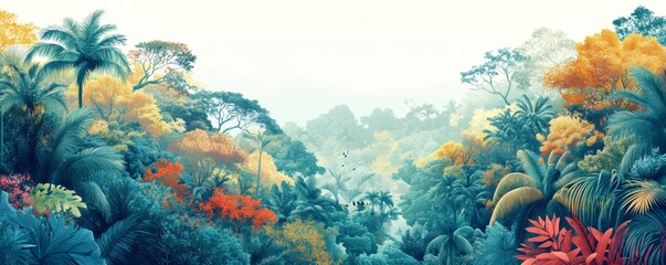 Colorful jungle landscape with vibrant foliage.