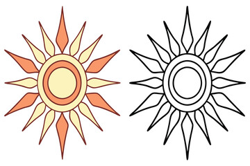 Sun Icons Color & Outline with Pointed Rays on White Background
