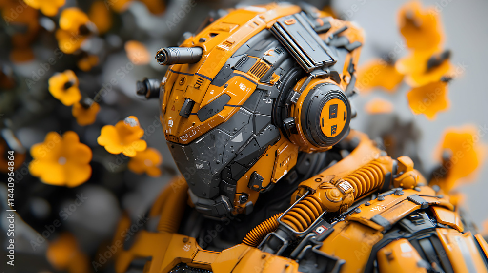 Poster a futuristic robot's head and body featuring an orange and gray color scheme. suggest using this as 