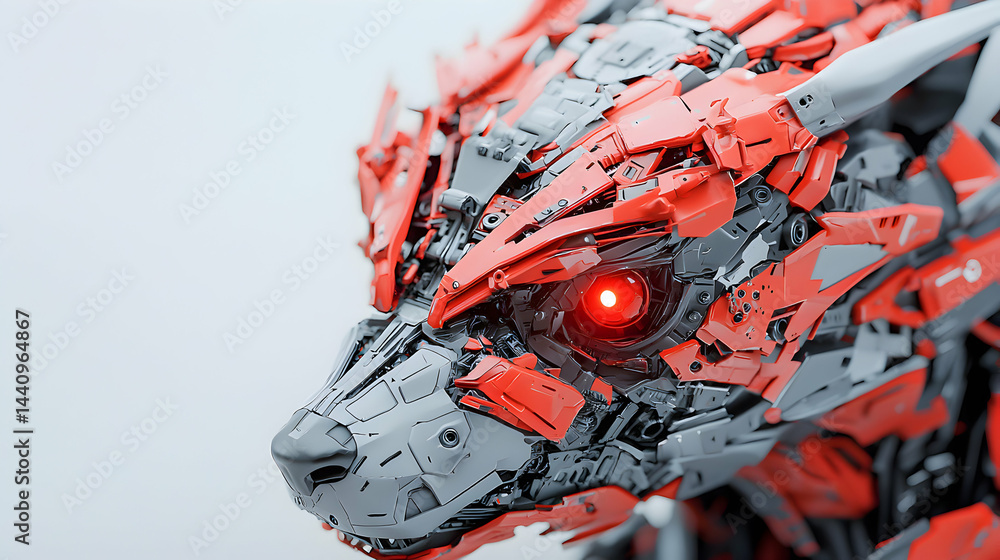Poster this image shows a robotic wolf head detailed with red and gray components. it is ideal for futurist