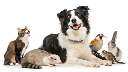 Obraz premium border collie dog portrait with a hiding cat behind in front of a blue background