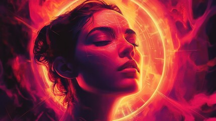 Fototapeta premium Divine feminine archetype radiating sacred geometry cosmic background ethereal glow spiritual symbolism. Sacred. Illustration