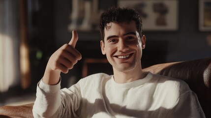 Man showing thumbs-up and smiling happily indoors