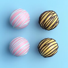 Colorful dessert balls with decorative stripes. 3D soft pop