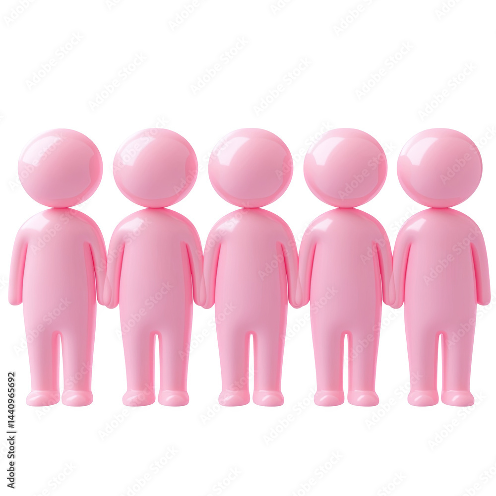 Poster pink 3d rendered figures standing together in a row teamwork collaboration on transparent background
