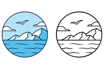 Mountain Water Landscape Isolated in a Round Shape, Ocean, Clouds, and a Bird