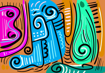 Colorful abstract illustration featuring dynamic tribal patterns