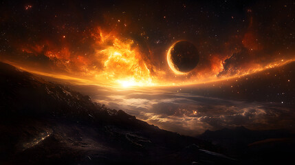 A breathtaking view from an alien moon overlooking a distant nebula.