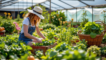 Woman tending to vibrant vegetable garden with joy