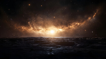 A breathtaking view from an alien moon overlooking a distant nebula.