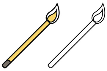 Burning Matchstick with Outline and Flat Matchstick on White Background