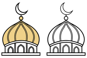 Dome Outline Icon of Mosque with Crescent and Moon, Islamic Building Sketch