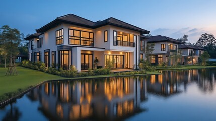Obraz premium Luxurious Modern Homes Reflecting in Serene Waterfront at Dusk