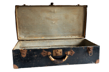 Antique suitcase isolated on white shows cardboard interior, metal latch hardware, handle. Open  lid shows empty interior ready to fill.