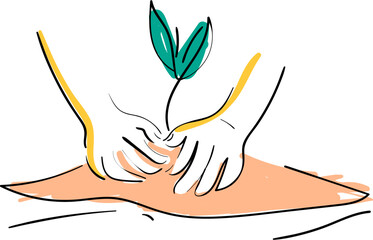 Minimalist line art illustrations of hands planting small seedlings.