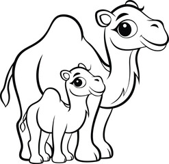 Parent and Baby Camel Outline Drawing for Coloring or Artwork

