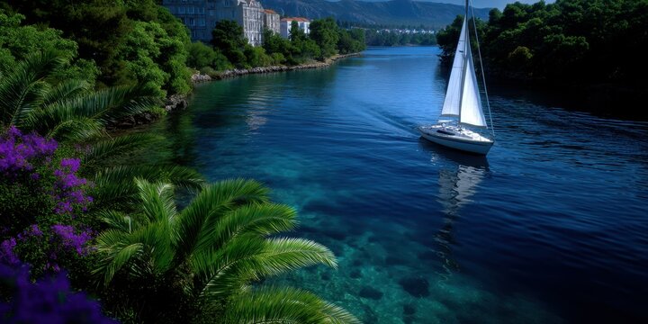 Sailing through clear waters in a tranquil bay surrounded by lush greenery and vibrant flowers during a sunny day