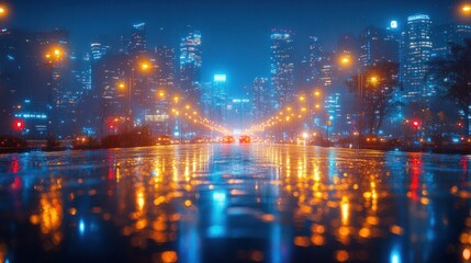Obraz premium Night Cityscape Reflections: A Rainy Metropolis