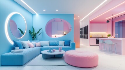 Pastel apartment living room, kitchen view, modern design, evening