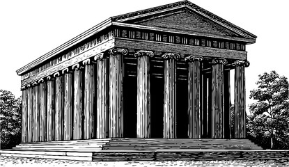 Engraved illustration of classical government building with greek columns