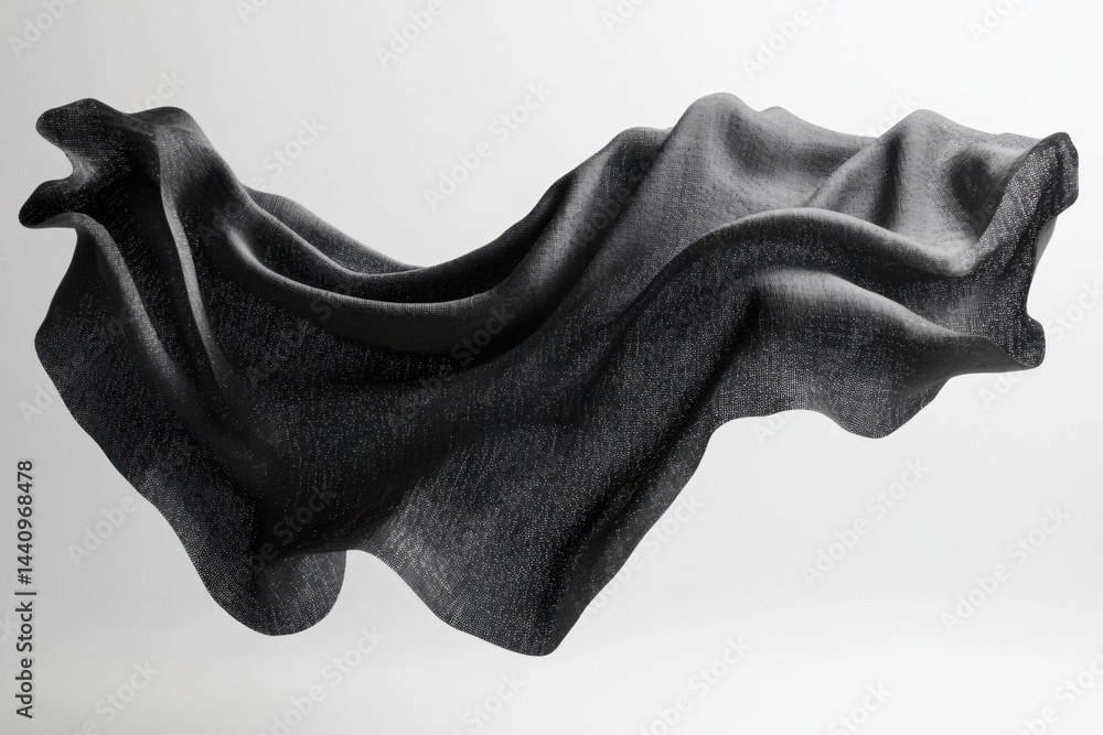 Poster flowing black creased towel influenced by turbulence field in a cgi environment, black creased towel