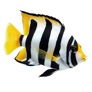 Striped black and white tropical fish with yellow fins detailed aquatic on transparent background